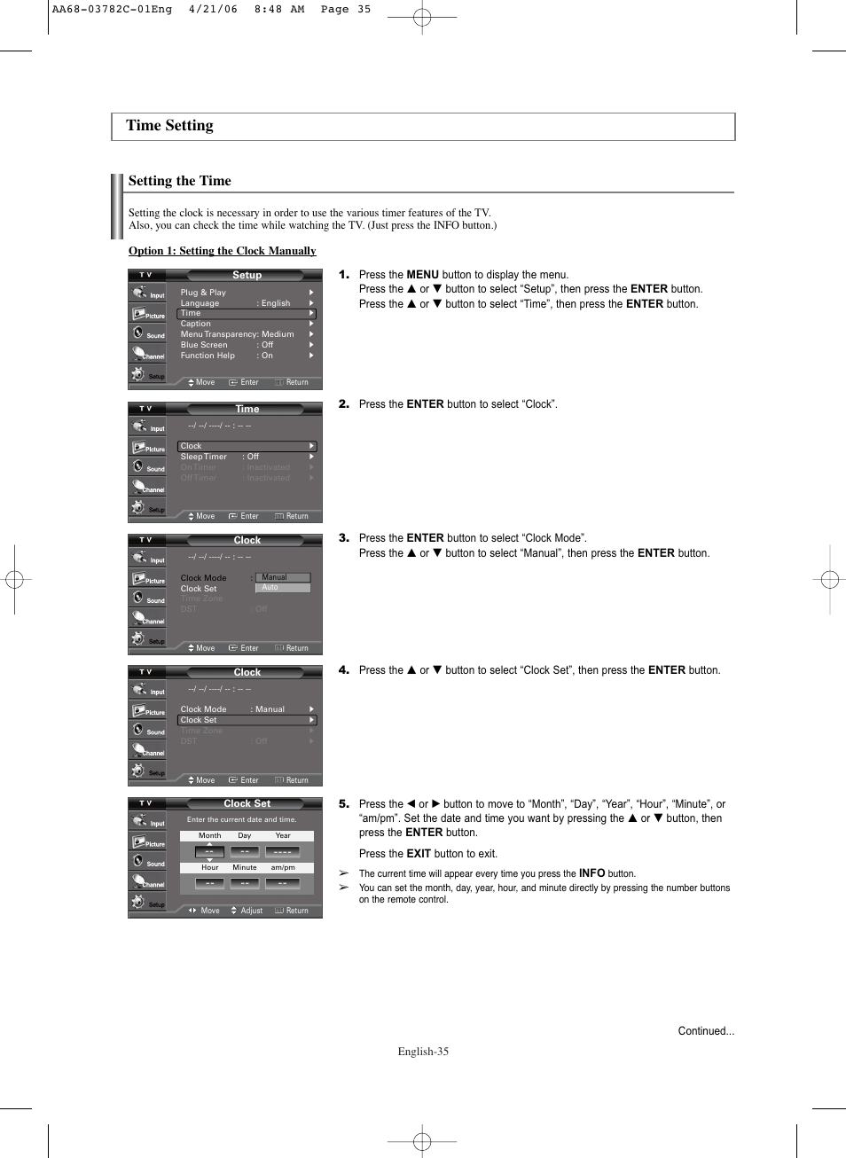 Time setting, Setting the time, Option 1: setting the clock manually | Samsung CL-29Z40DS User Manual | Page 35 / 44