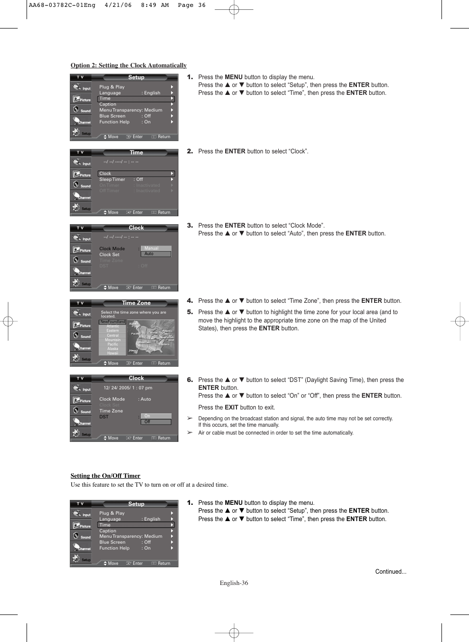 Option 2: setting the clock automatically, Setting the on/off timer | Samsung CL-29Z40DS User Manual | Page 36 / 44