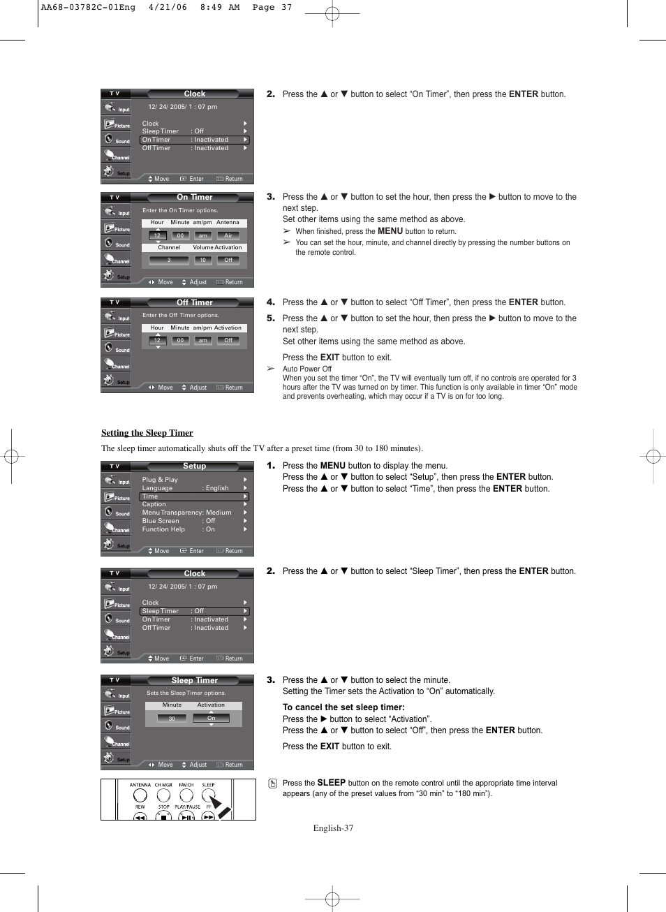 Setting the sleep timer | Samsung CL-29Z40DS User Manual | Page 37 / 44