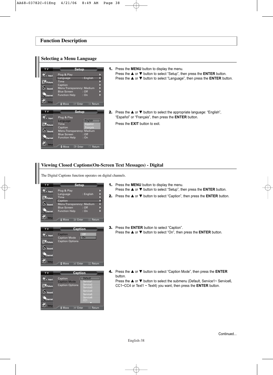 Function description, Selecting a menu language | Samsung CL-29Z40DS User Manual | Page 38 / 44