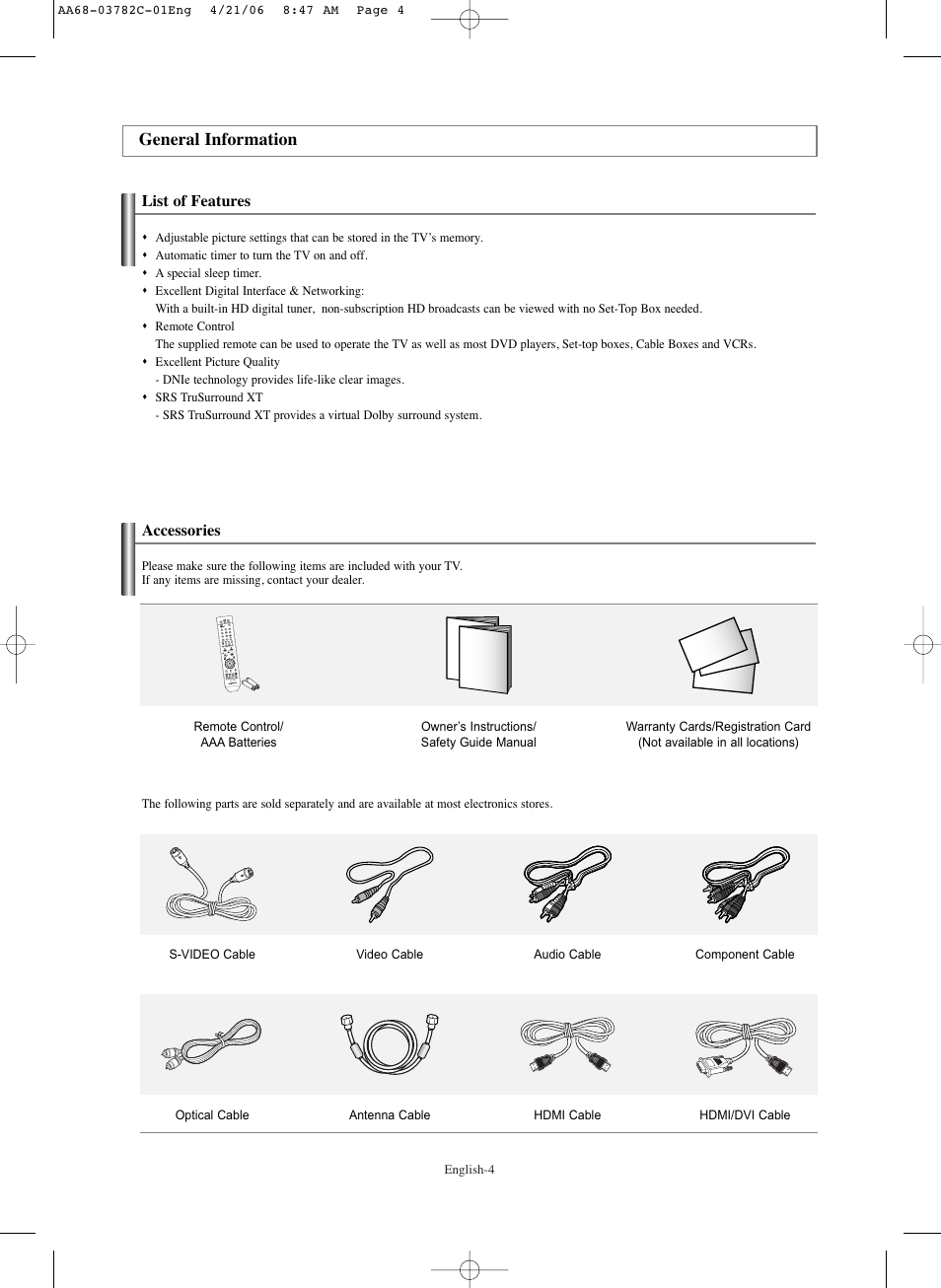General information, List of features, Accessories | Samsung CL-29Z40DS User Manual | Page 4 / 44