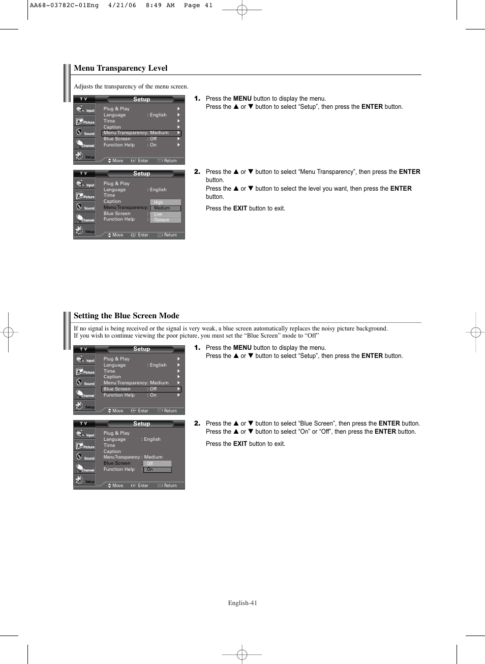 Menu transparency level, Setting the blue screen mode | Samsung CL-29Z40DS User Manual | Page 41 / 44