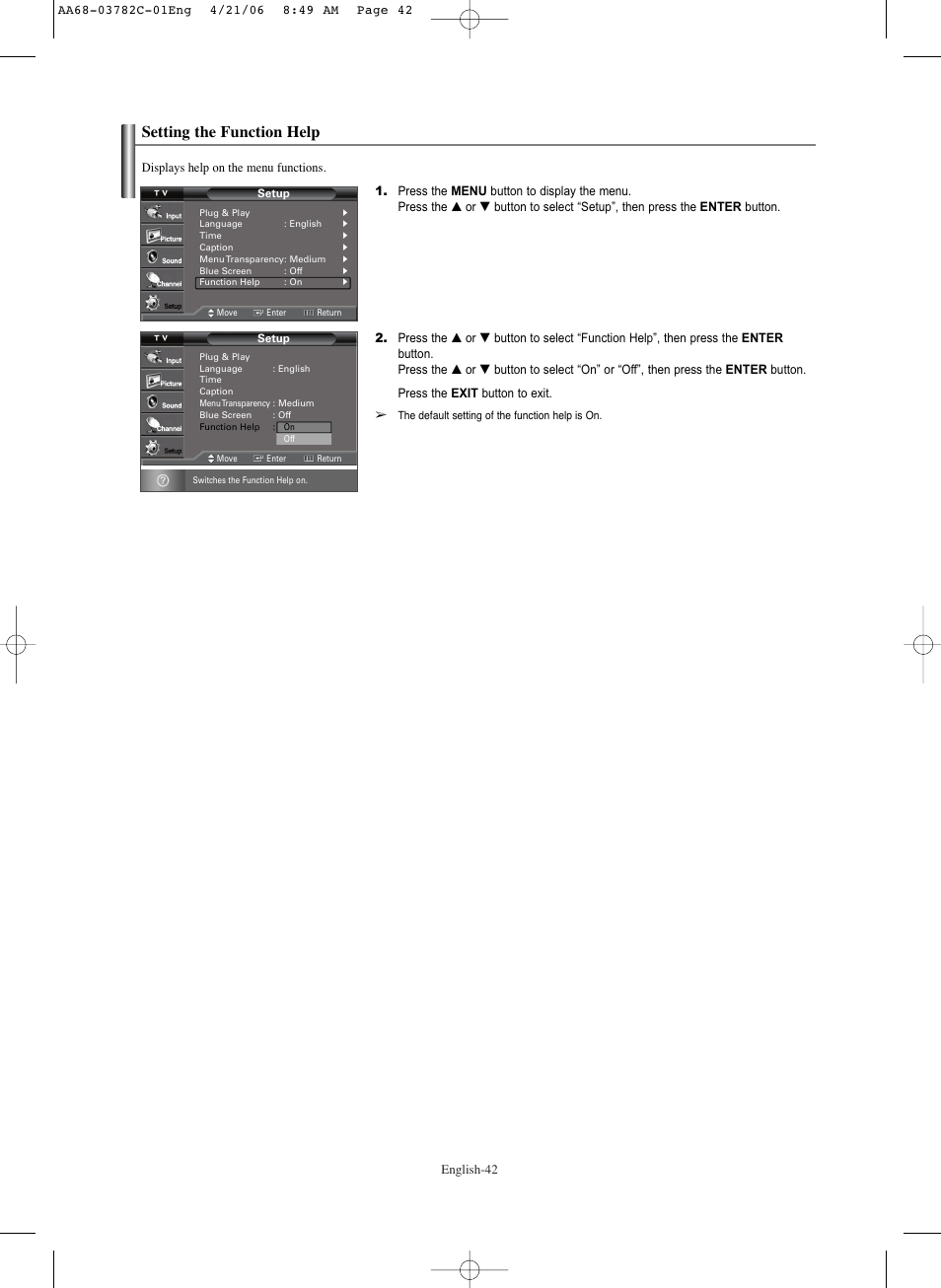 Setting the function help | Samsung CL-29Z40DS User Manual | Page 42 / 44