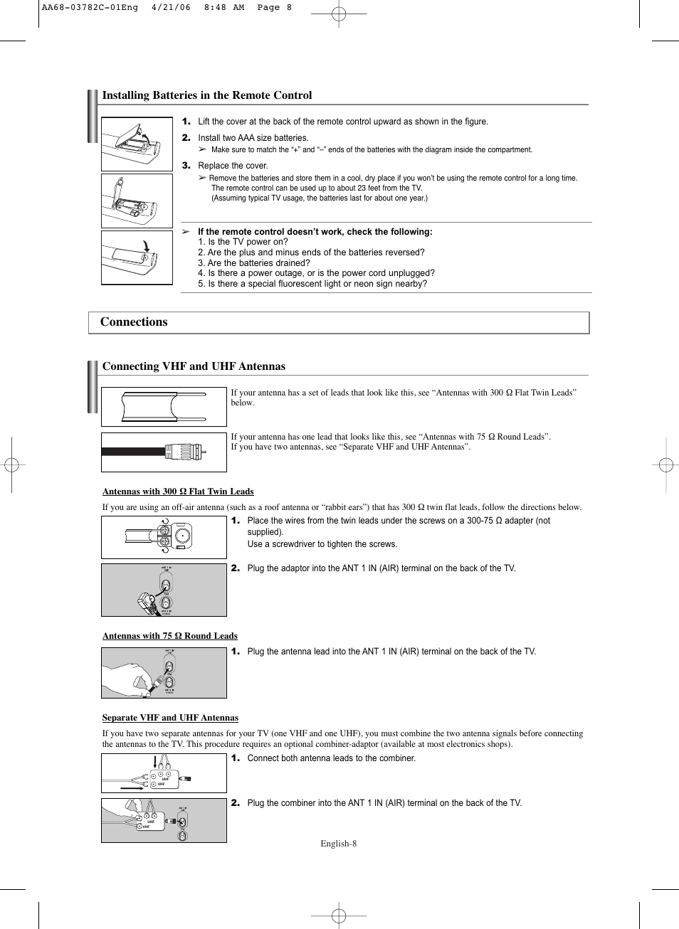 Installing batteries in the remote control, Connections, Connecting vhf and uhf antennas | Samsung CL-29Z40DS User Manual | Page 8 / 44