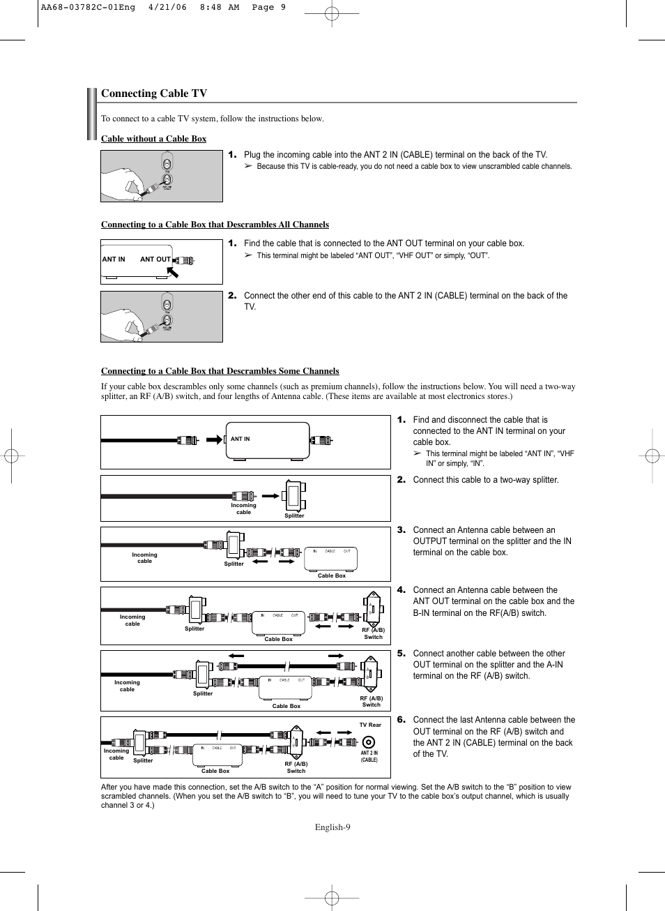 Connecting cable tv | Samsung CL-29Z40DS User Manual | Page 9 / 44