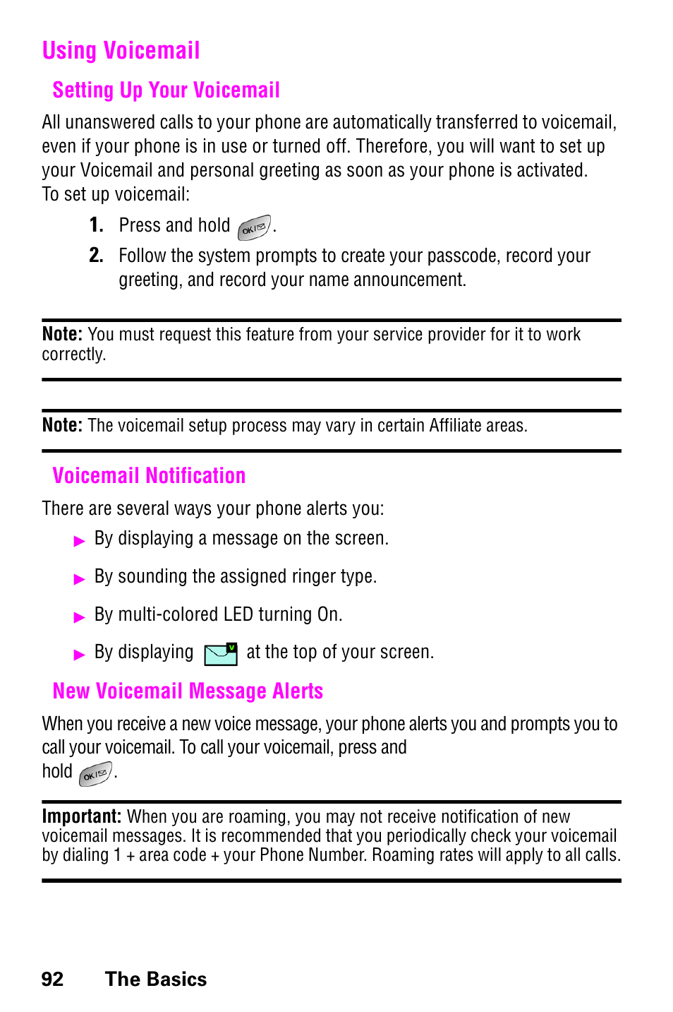 Using voicemail, Setting up your voicemail, Voicemail notification | New voicemail message alerts | Samsung SCH-a600 User Manual | Page 100 / 142