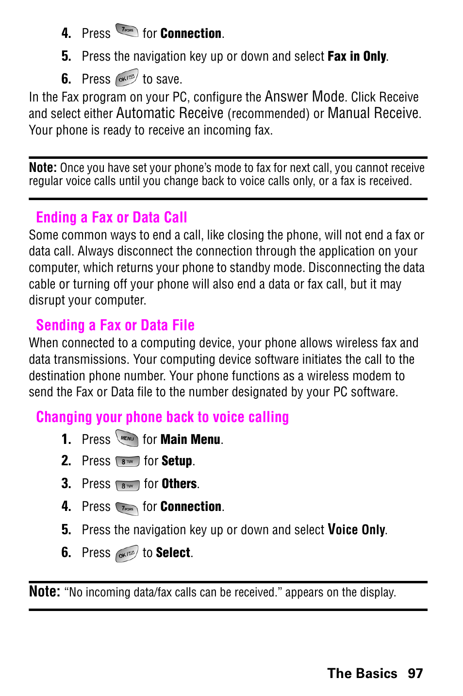 Ending a fax or data call, Sending a fax or data file, Changing your phone back to voice calling | Samsung SCH-a600 User Manual | Page 105 / 142