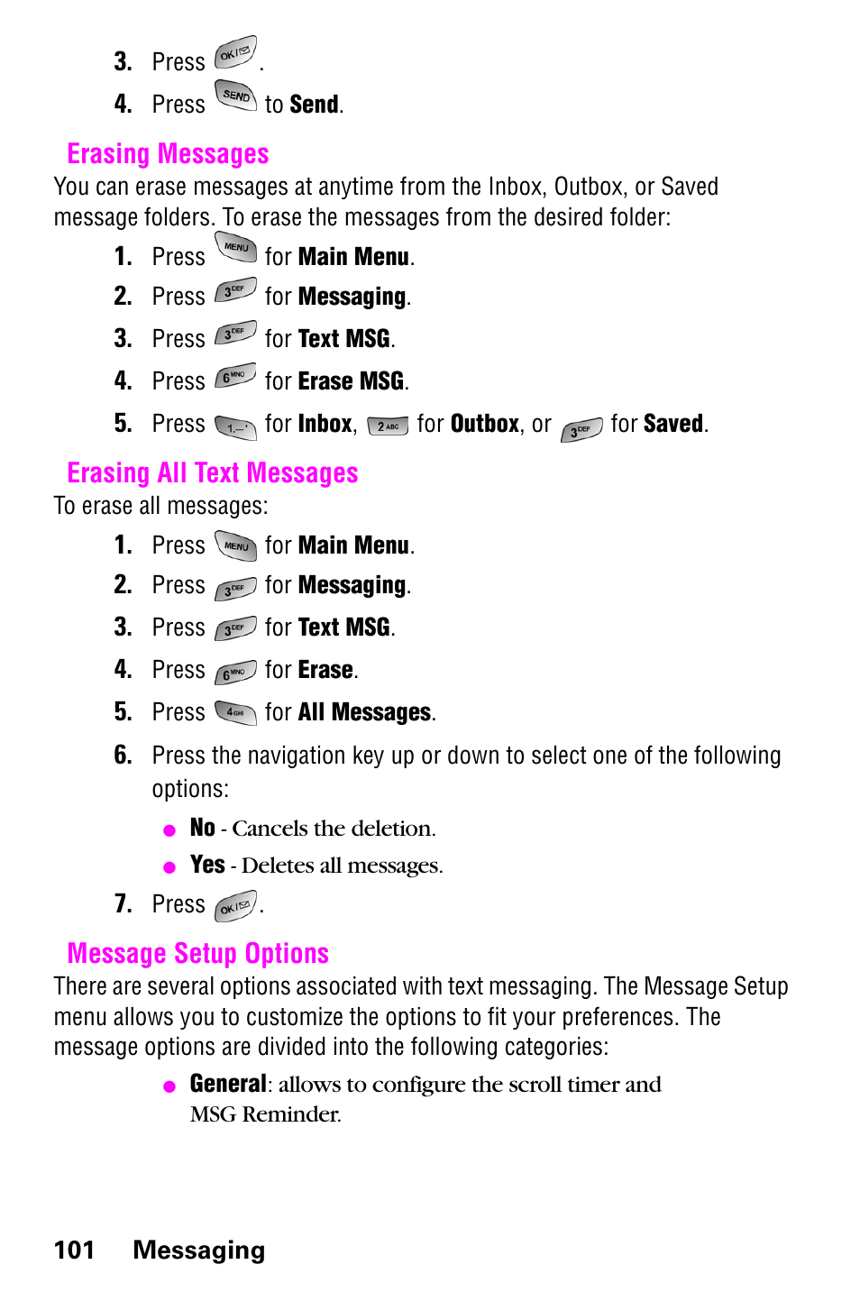 Erasing messages, Erasing all text messages, Message setup options | Erasing all text messages message setup options | Samsung SCH-a600 User Manual | Page 109 / 142