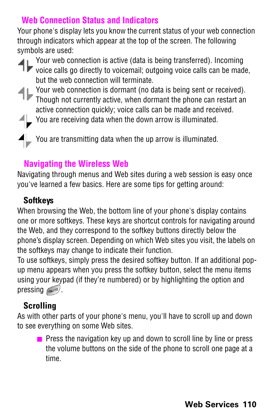 Web connection status and indicators, Navigating the wireless web | Samsung SCH-a600 User Manual | Page 118 / 142