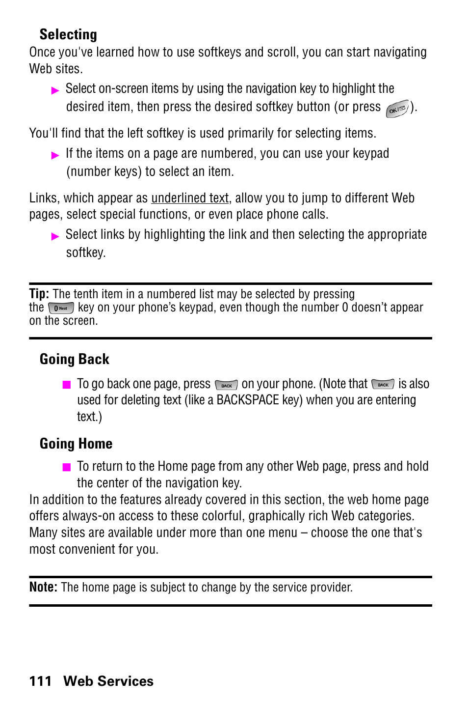 Selecting, Going back, Going home | Samsung SCH-a600 User Manual | Page 119 / 142