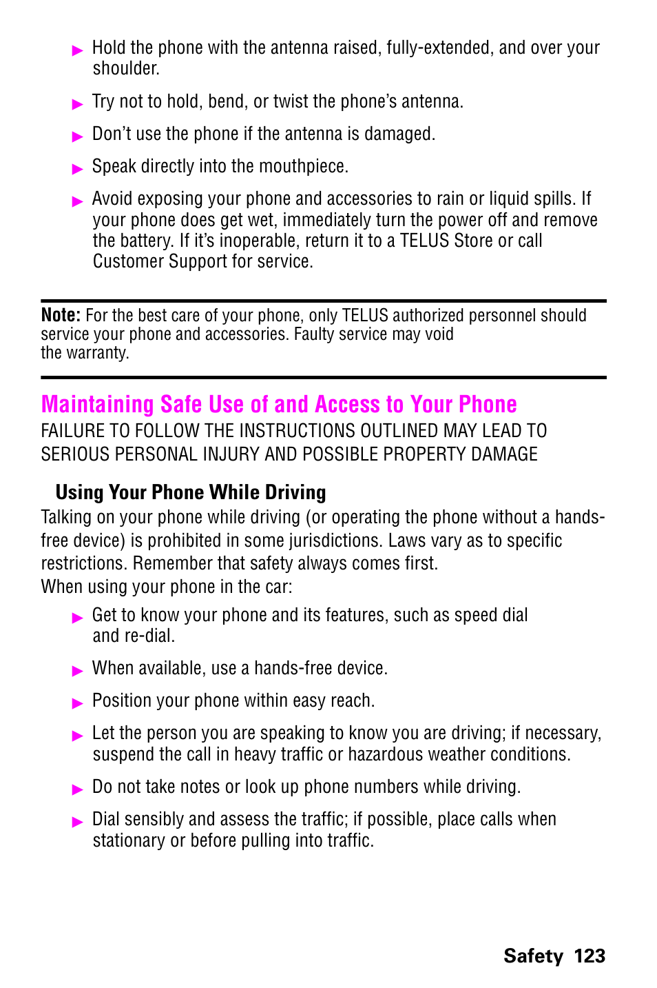 Maintaining safe use of and access to your phone, Using your phone while driving, Safety 123 | Samsung SCH-a600 User Manual | Page 131 / 142