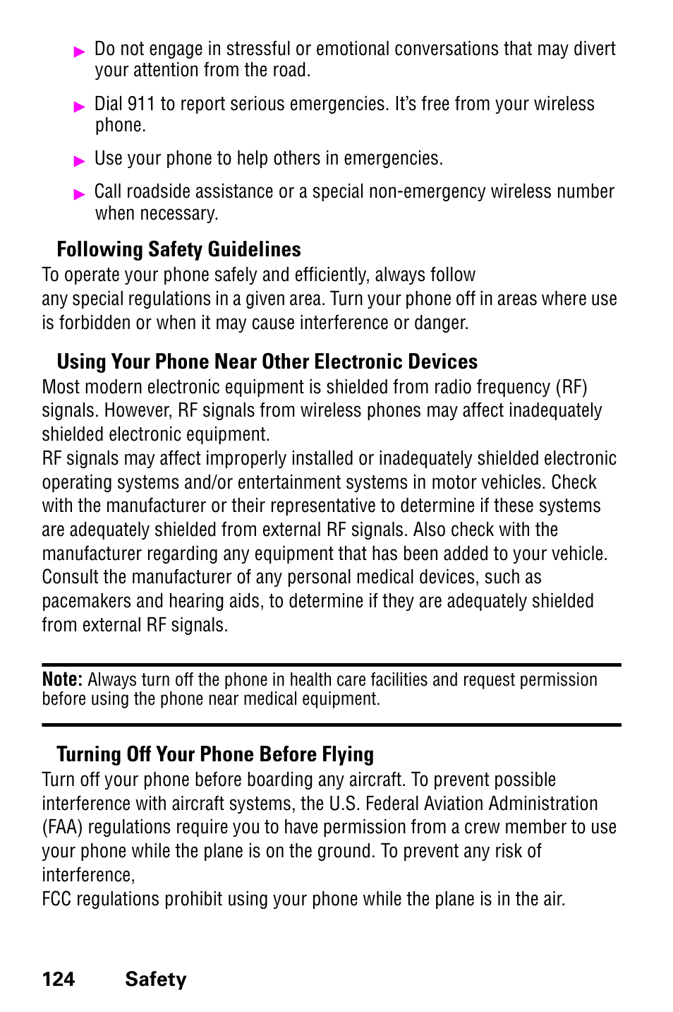 Following safety guidelines, Using your phone near other electronic devices, Turning off your phone before flying | Samsung SCH-a600 User Manual | Page 132 / 142