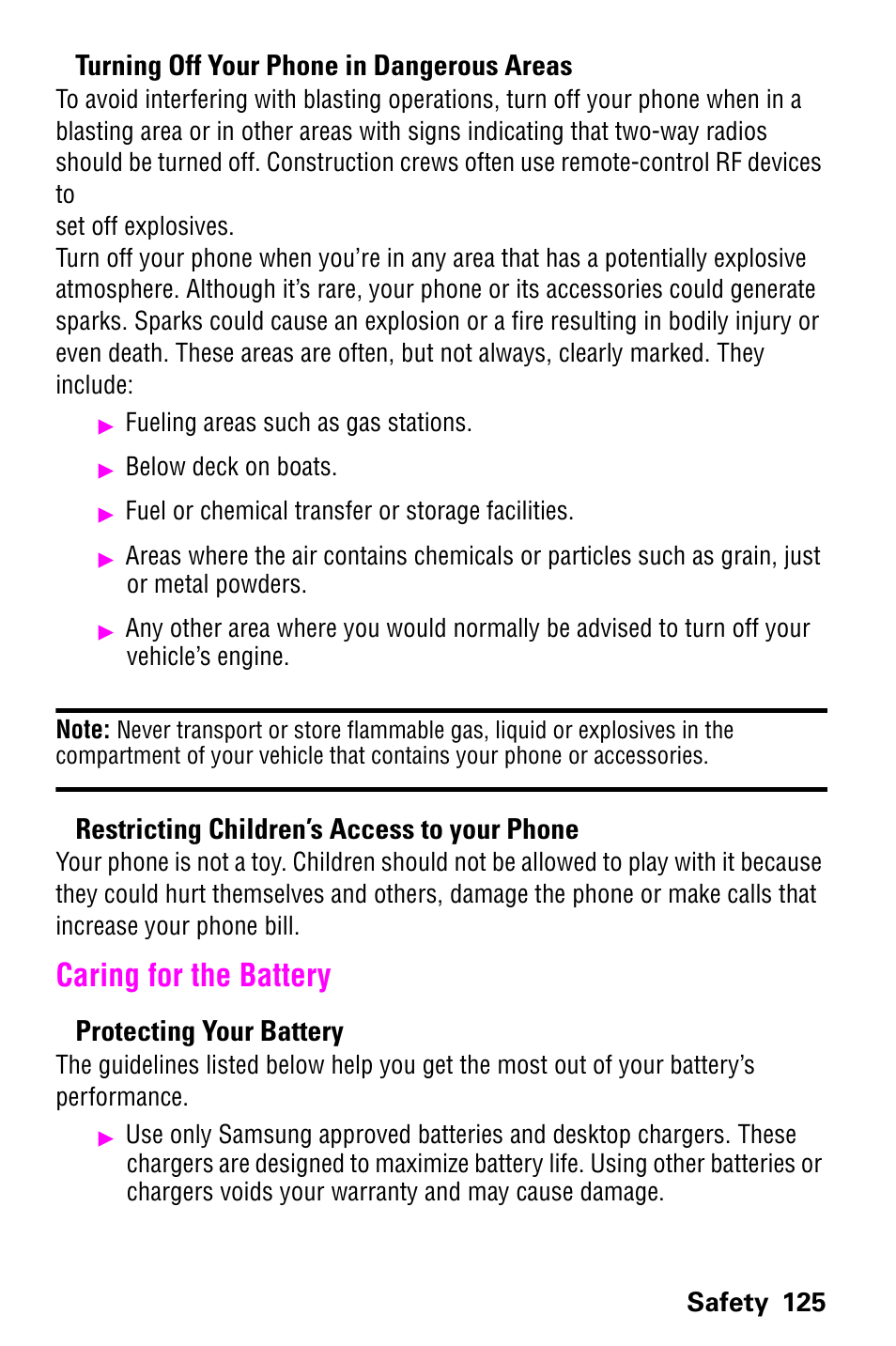 Caring for the battery, Turning off your phone in dangerous areas, Restricting children’s access to your phone | Protecting your battery | Samsung SCH-a600 User Manual | Page 133 / 142