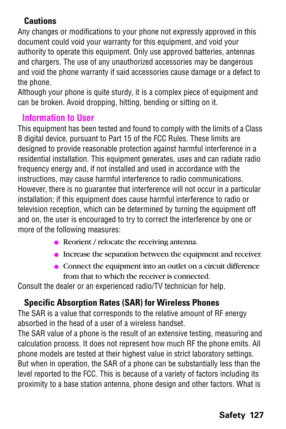 Information to user, Cautions | Samsung SCH-a600 User Manual | Page 135 / 142