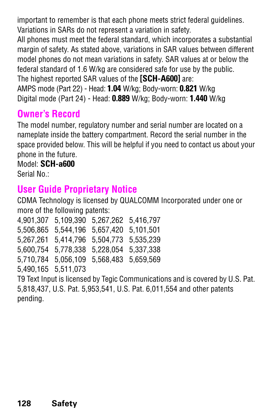 Owner’s record, User guide proprietary notice, Owner’s record user guide proprietary notice | Samsung SCH-a600 User Manual | Page 136 / 142