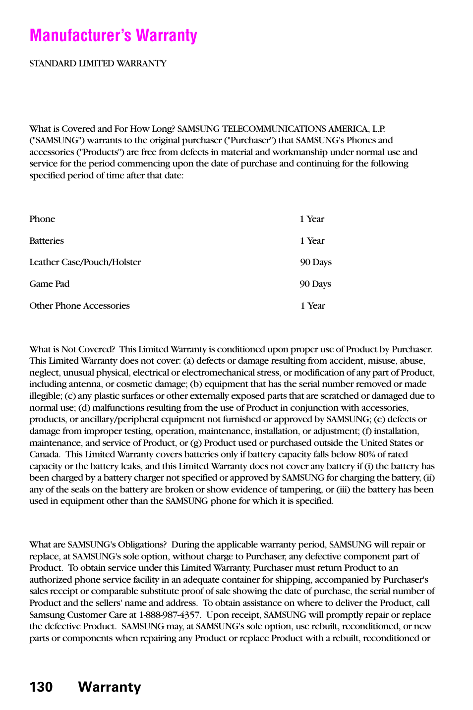 Manufacturer’s warranty, 130 warranty | Samsung SCH-a600 User Manual | Page 138 / 142