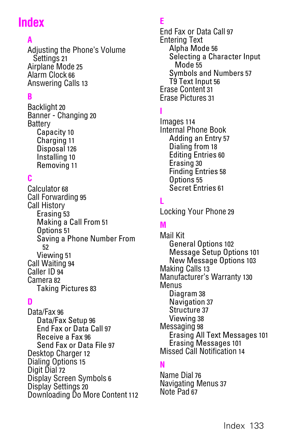 Index | Samsung SCH-a600 User Manual | Page 141 / 142