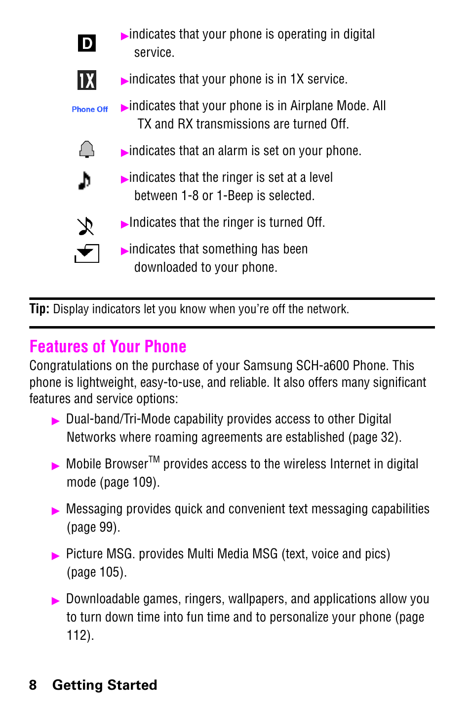 Features of your phone, 8getting started | Samsung SCH-a600 User Manual | Page 16 / 142