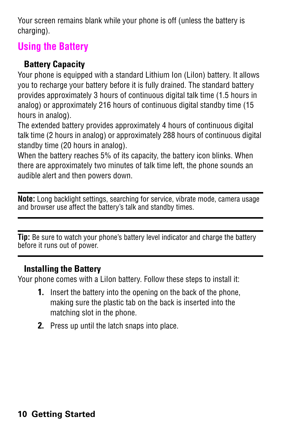 Using the battery | Samsung SCH-a600 User Manual | Page 18 / 142