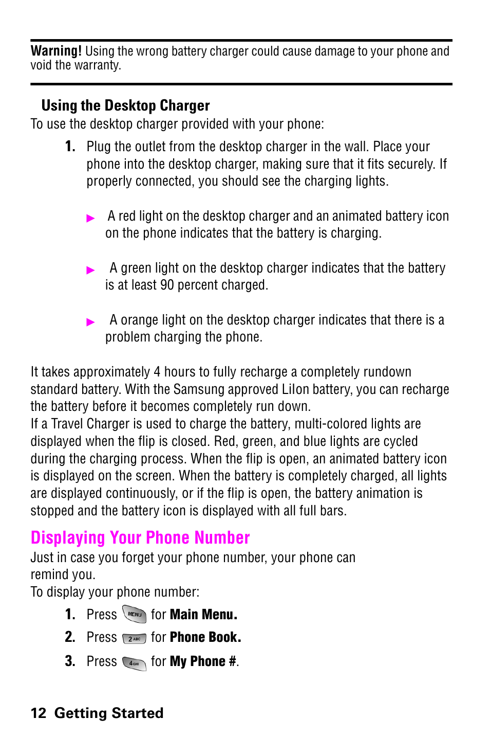 Displaying your phone number, Using the desktop charger | Samsung SCH-a600 User Manual | Page 20 / 142