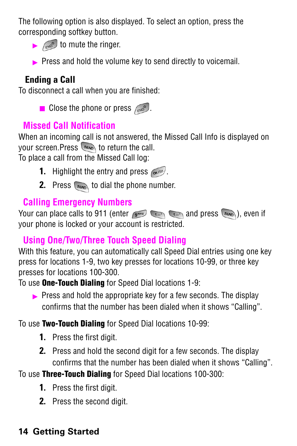 Missed call notification, Calling emergency numbers, Using one/two/three touch speed dialing | Ending a call | Samsung SCH-a600 User Manual | Page 22 / 142