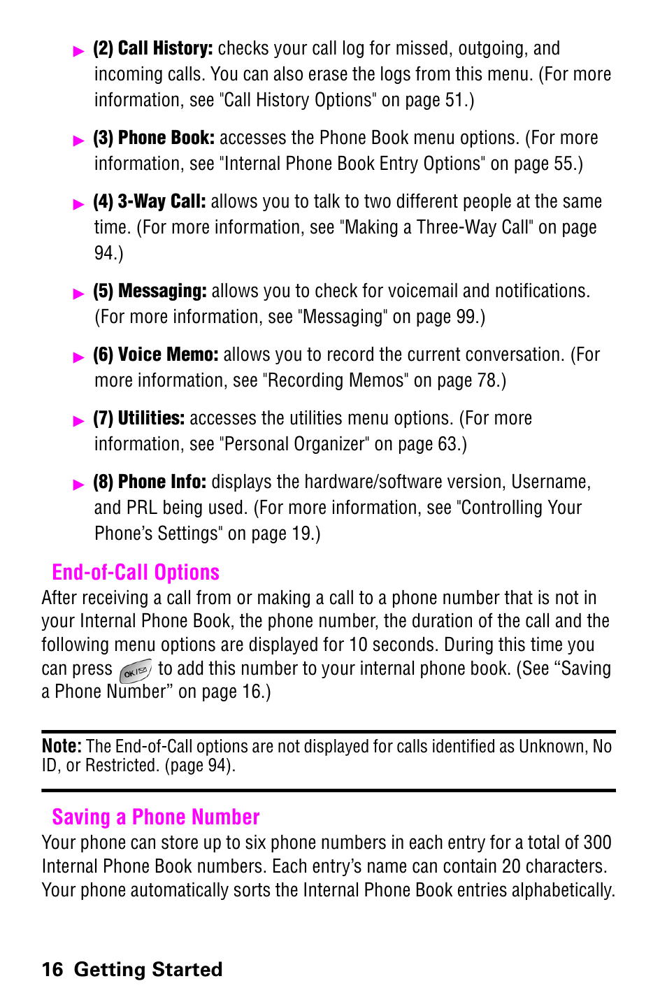 End-of-call options, Saving a phone number, End-of-call options saving a phone number | 16 getting started | Samsung SCH-a600 User Manual | Page 24 / 142
