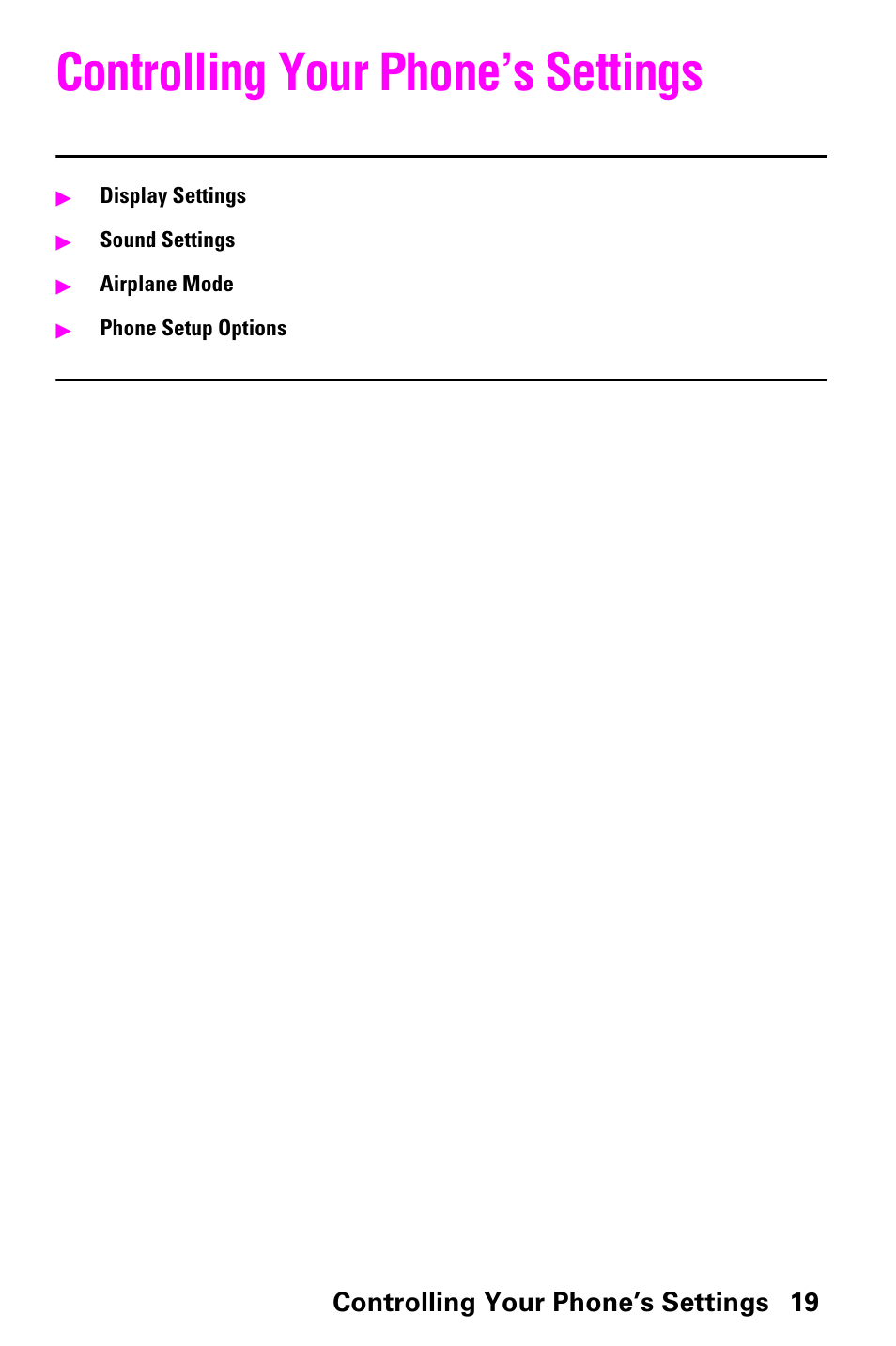 Controlling your phone’s settings, Controlling your phone’s settings 19 | Samsung SCH-a600 User Manual | Page 27 / 142