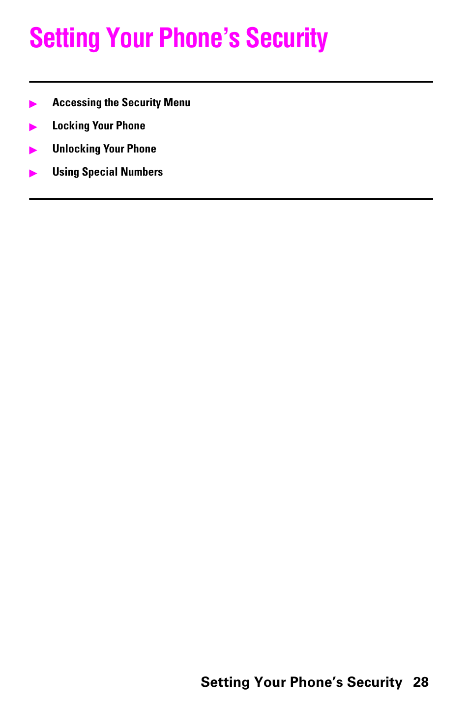 Setting your phone’s security, Setting your phone’s security 28 | Samsung SCH-a600 User Manual | Page 36 / 142