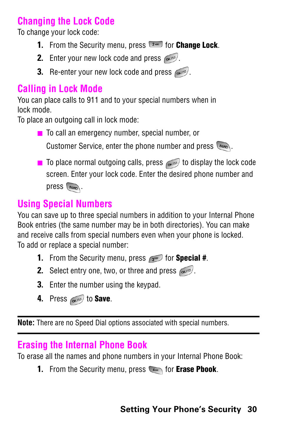 Changing the lock code, Calling in lock mode, Using special numbers | Erasing the internal phone book | Samsung SCH-a600 User Manual | Page 38 / 142