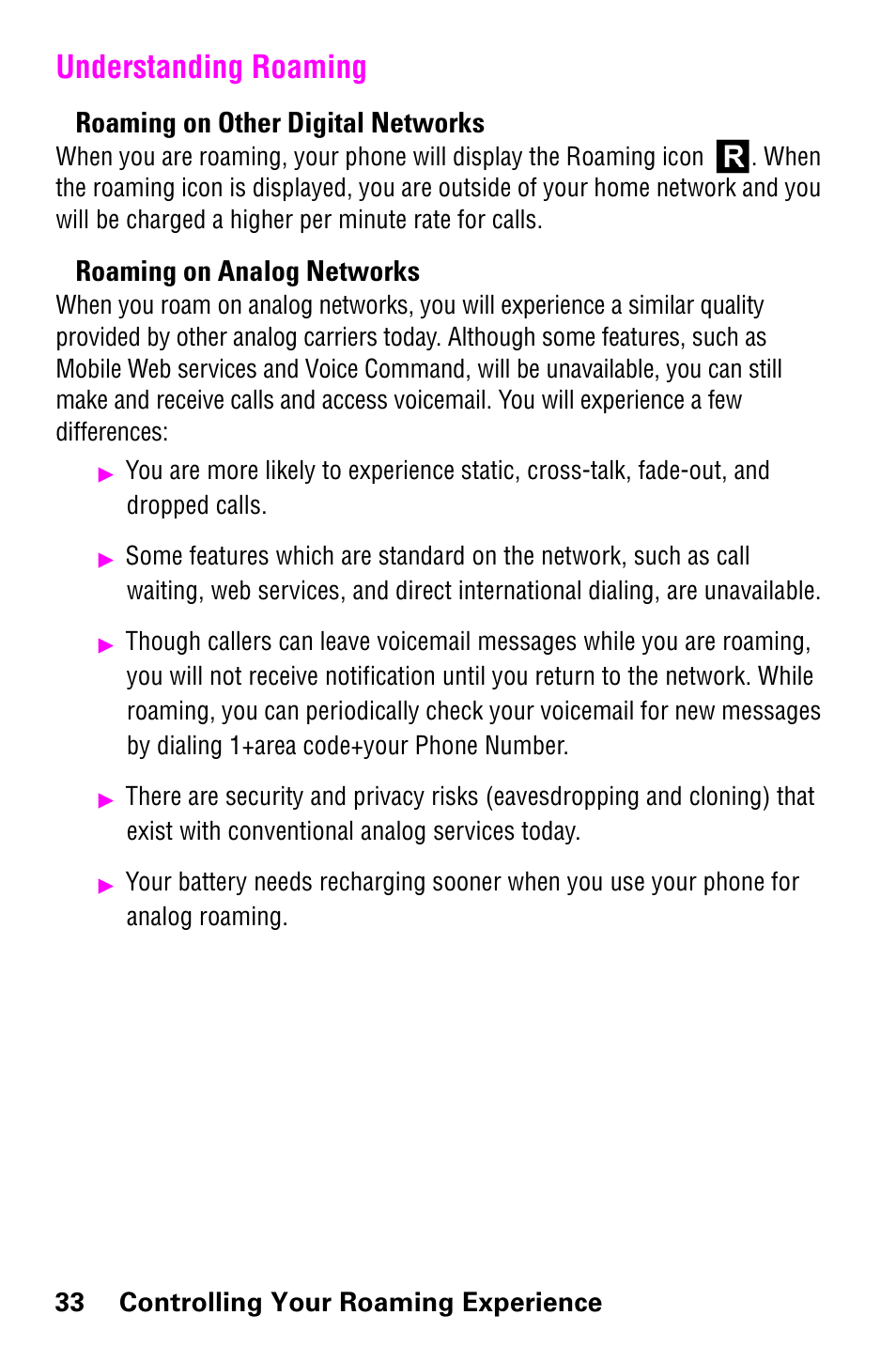 Understanding roaming, Roaming on other digital networks, Roaming on analog networks | Samsung SCH-a600 User Manual | Page 41 / 142