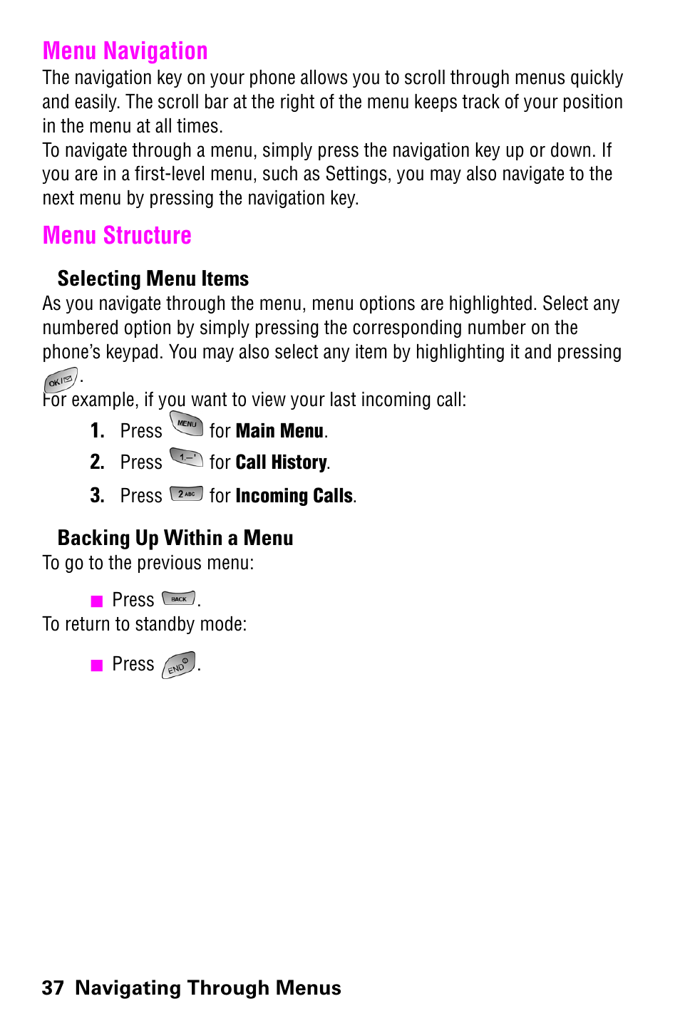 Menu navigation, Menu structure, Menu navigation menu structure | Samsung SCH-a600 User Manual | Page 45 / 142