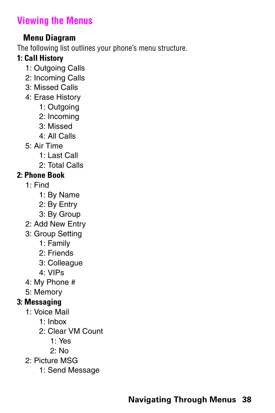 Viewing the menus | Samsung SCH-a600 User Manual | Page 46 / 142