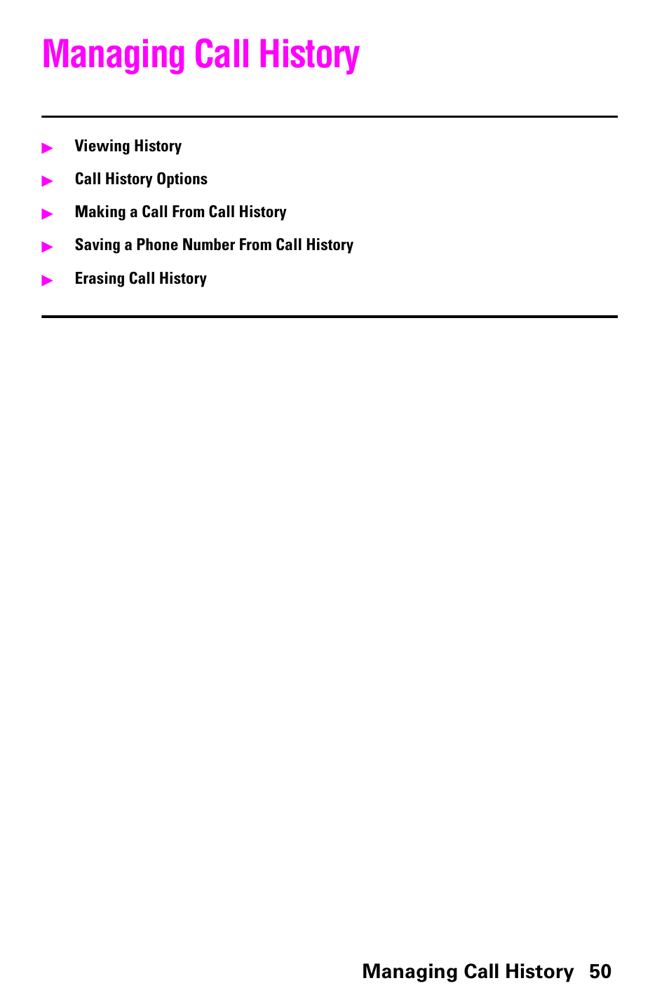 Managing call history, Managing call history 50 | Samsung SCH-a600 User Manual | Page 58 / 142