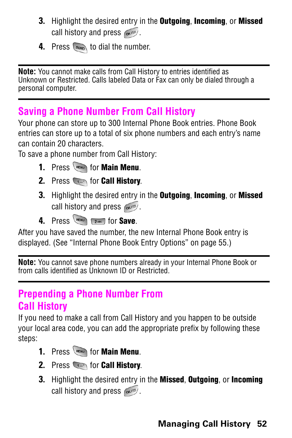 Saving a phone number from call history, Prepending a phone number from call history | Samsung SCH-a600 User Manual | Page 60 / 142