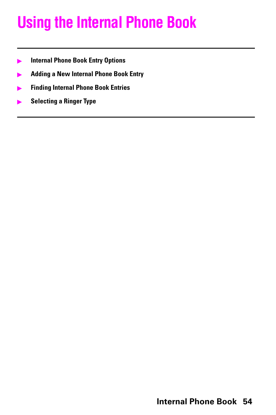 Using the internal phone book, Internal phone book 54 | Samsung SCH-a600 User Manual | Page 62 / 142