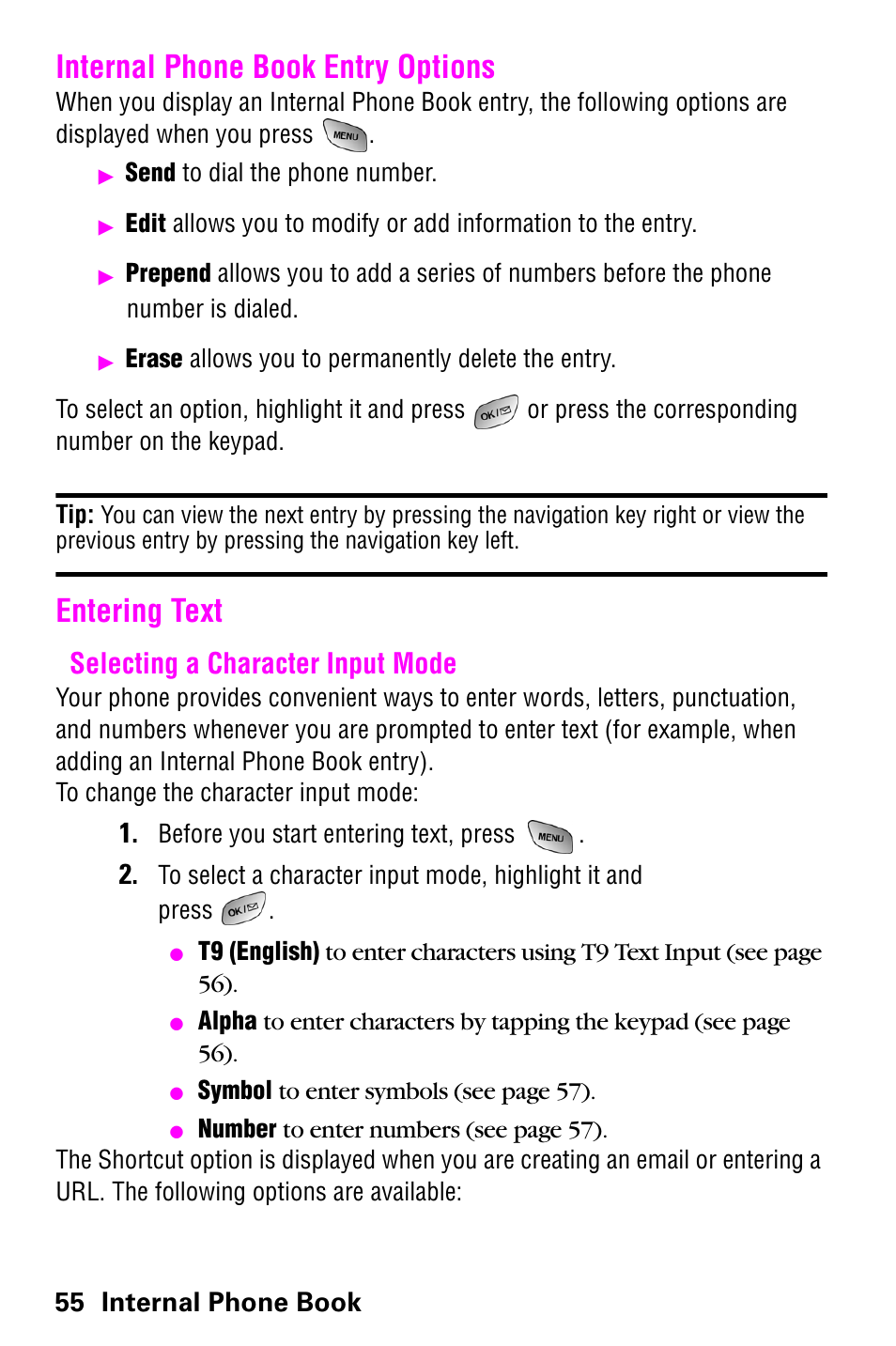 Internal phone book entry options, Entering text, Selecting a character input mode | Internal phone book entry options entering text | Samsung SCH-a600 User Manual | Page 63 / 142
