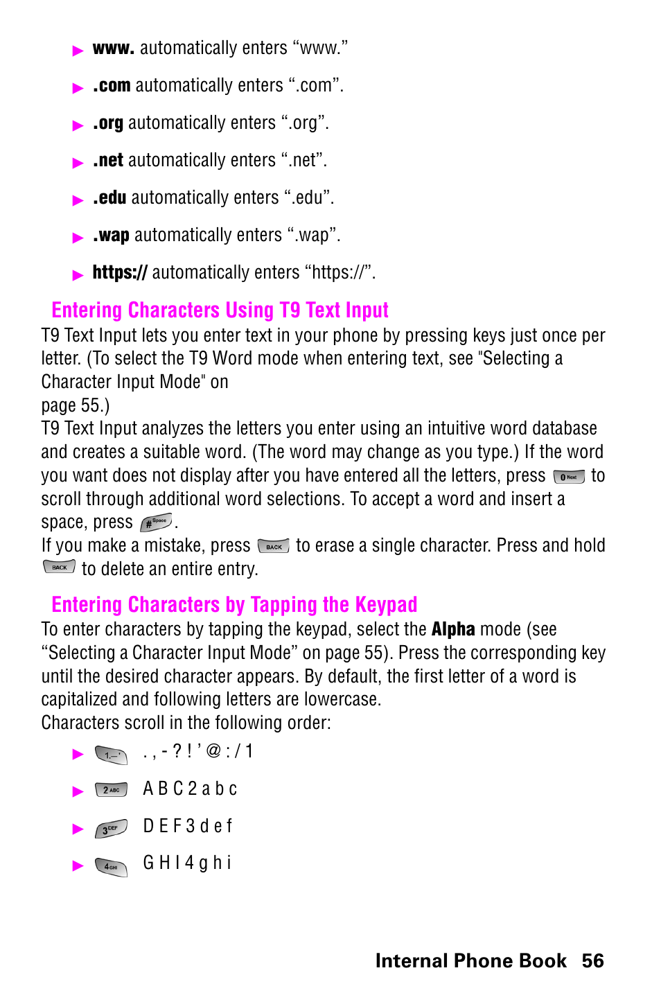 Entering characters using t9 text input, Entering characters by tapping the keypad, Internal phone book 56 | Samsung SCH-a600 User Manual | Page 64 / 142