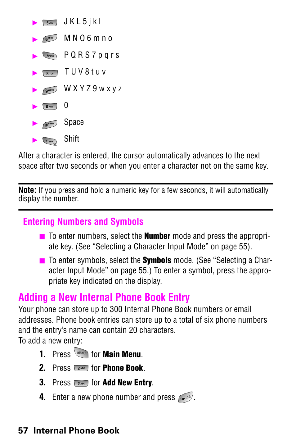 Entering numbers and symbols, Adding a new internal phone book entry | Samsung SCH-a600 User Manual | Page 65 / 142