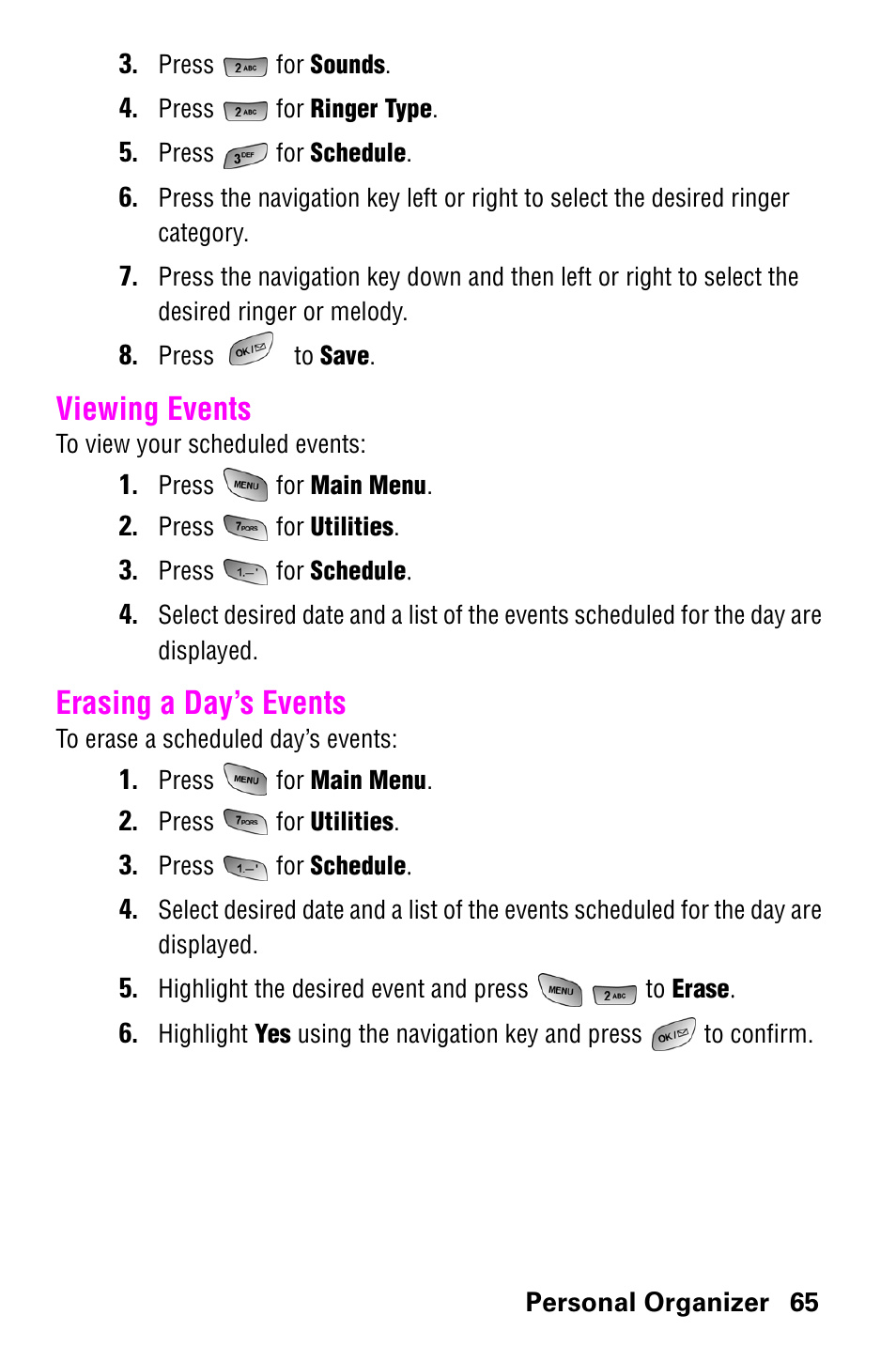 Viewing events, Erasing a day’s events, Viewing events erasing a day’s events | Samsung SCH-a600 User Manual | Page 73 / 142
