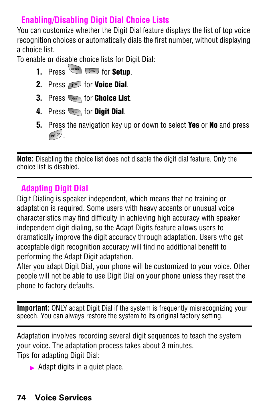 Enabling/disabling digit dial choice lists, Adapting digit dial | Samsung SCH-a600 User Manual | Page 82 / 142