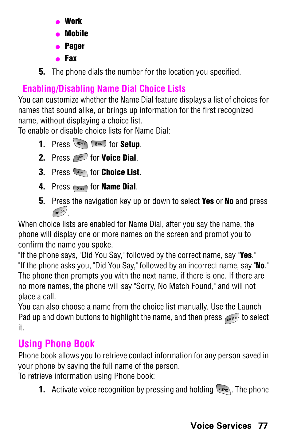 Enabling/disabling name dial choice lists, Using phone book | Samsung SCH-a600 User Manual | Page 85 / 142