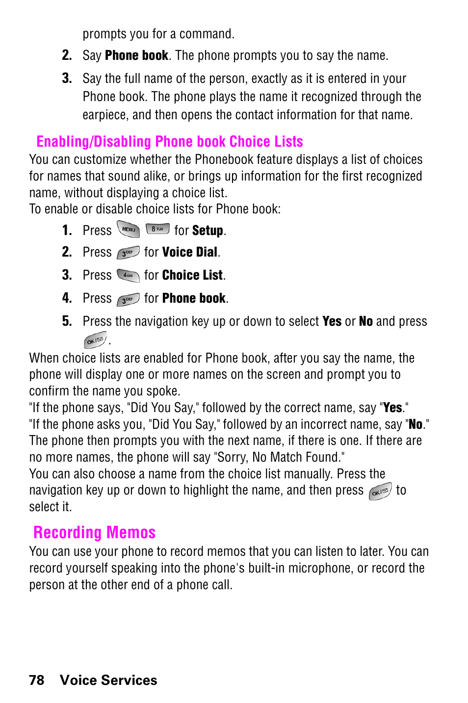 Enabling/disabling phone book choice lists, Recording memos | Samsung SCH-a600 User Manual | Page 86 / 142