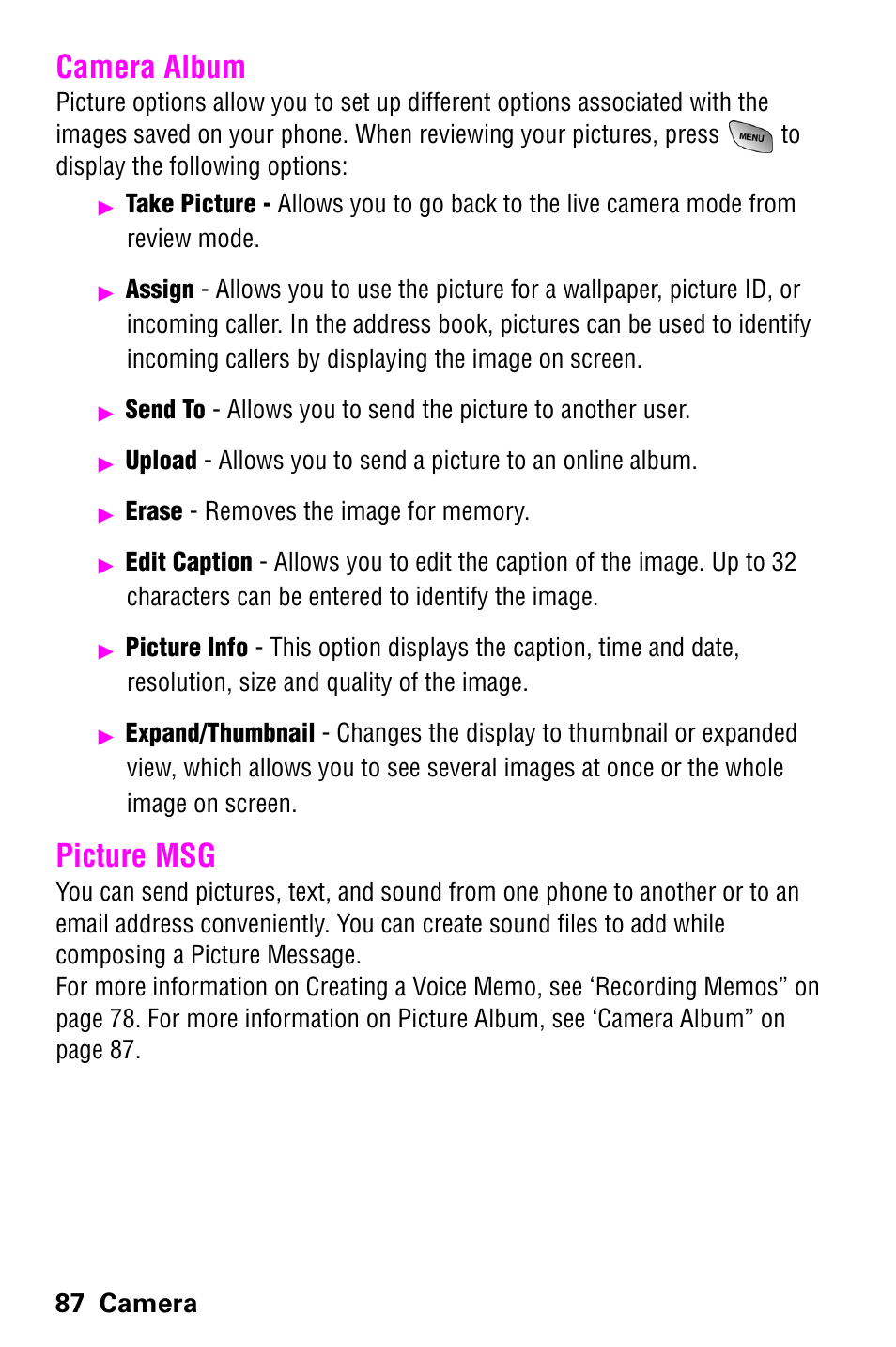 Camera album, Picture msg, Camera album picture msg | 87 camera | Samsung SCH-a600 User Manual | Page 95 / 142