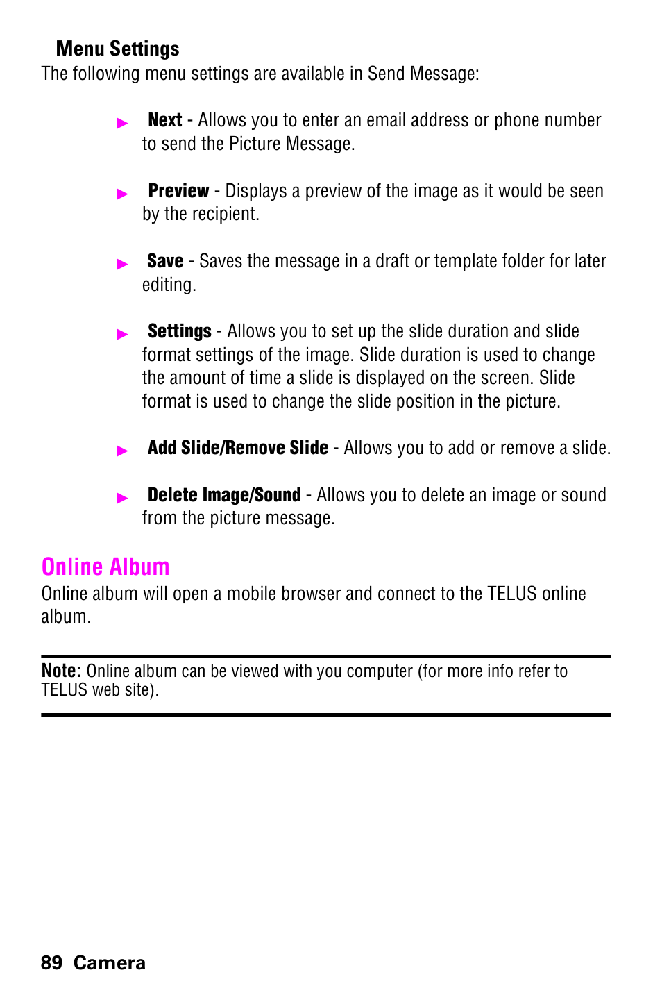 Online album, Menu settings, 89 camera | Samsung SCH-a600 User Manual | Page 97 / 142