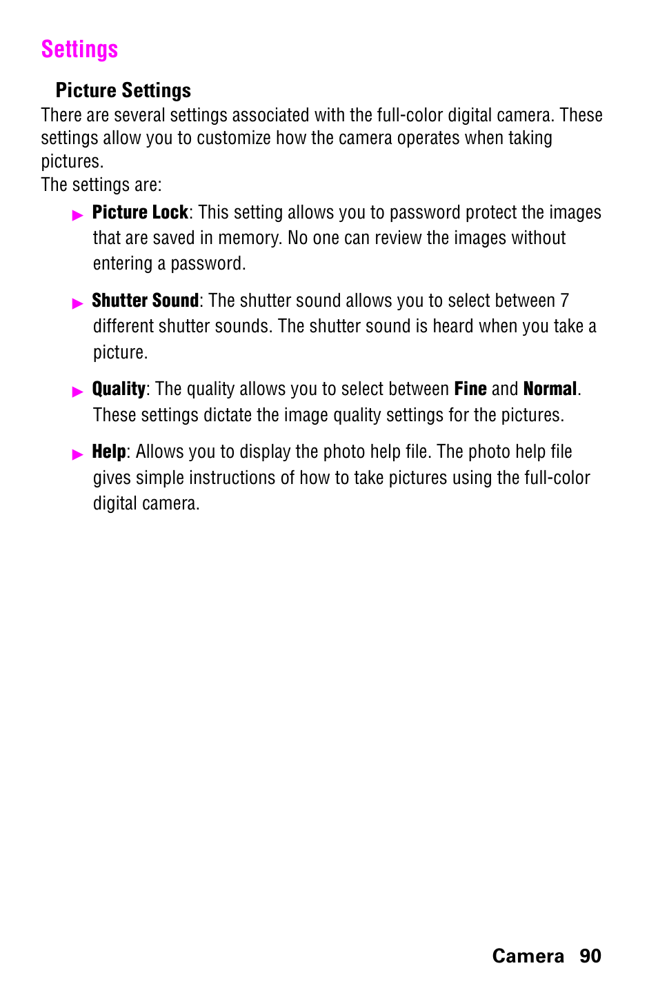 Settings, Picture settings, Camera 90 | Samsung SCH-a600 User Manual | Page 98 / 142