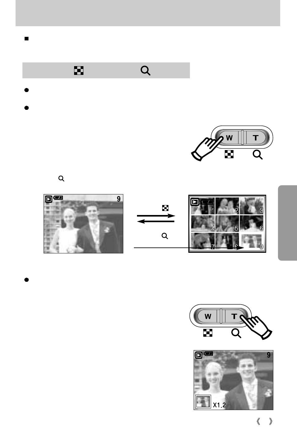 Using the camera buttons to adjust the camera, Thumbnail( ) / enlargement( ) button | Samsung Digimax U-CA User Manual | Page 45 / 128