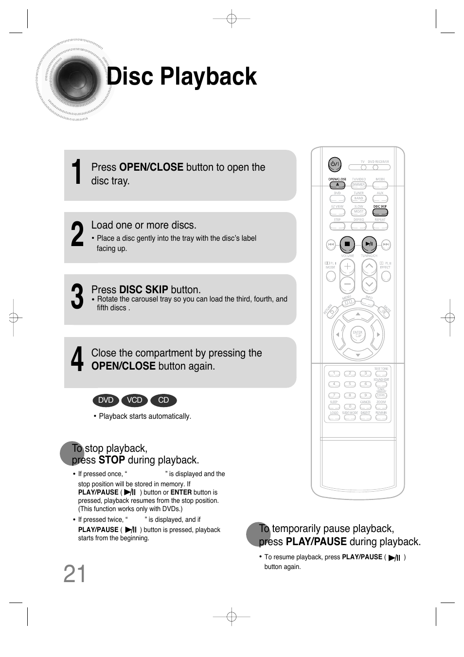 Operation, Disc playback, 21 disc playback | Samsung HT-DS630T User Manual | Page 22 / 76