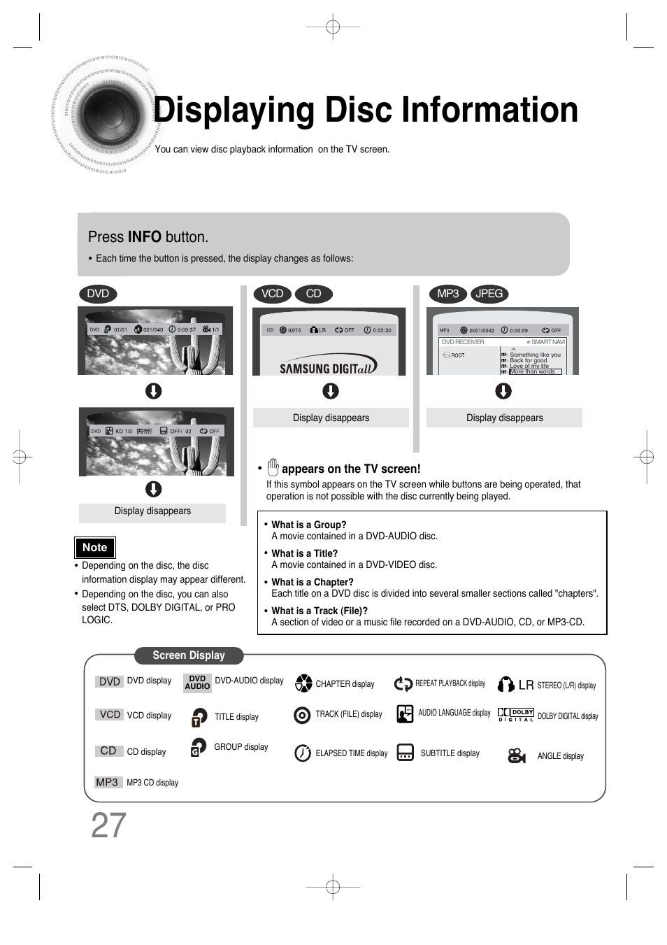 Displaying disc information, 27 displaying disc information, Press info button | Samsung HT-DS630T User Manual | Page 28 / 76