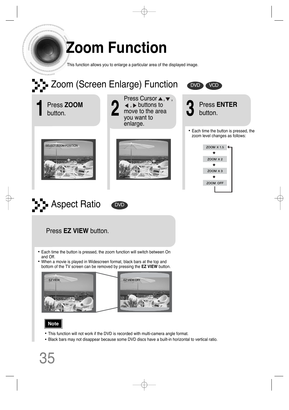 Zoom function, Zoom (screen enlarge) function, Aspect ratio | Samsung HT-DS630T User Manual | Page 36 / 76