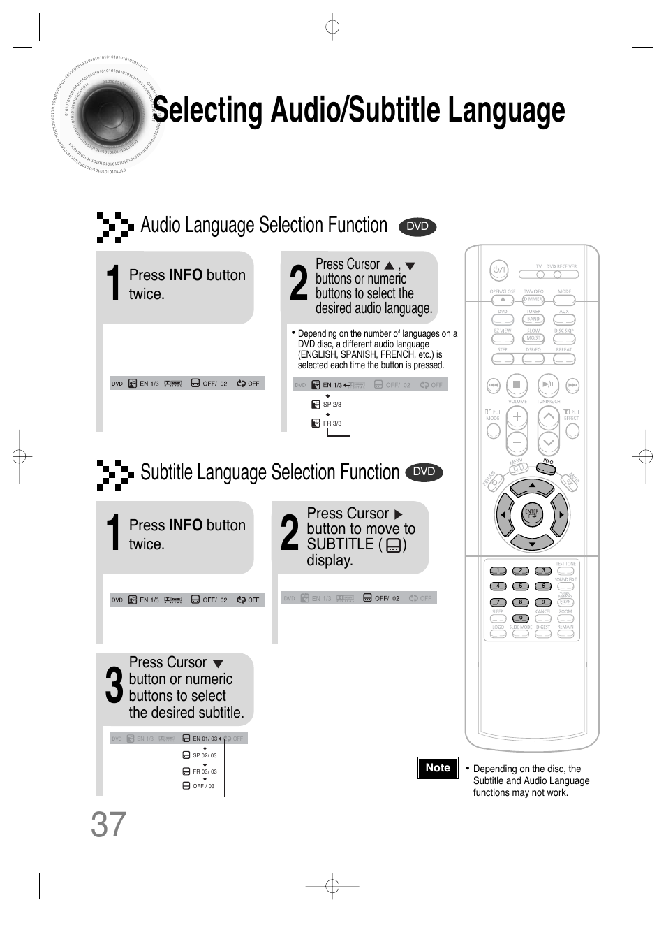 Selecting audio/subtitle language, 37 selecting audio/subtitle language, Audio language selection function | Subtitle language selection function | Samsung HT-DS630T User Manual | Page 38 / 76